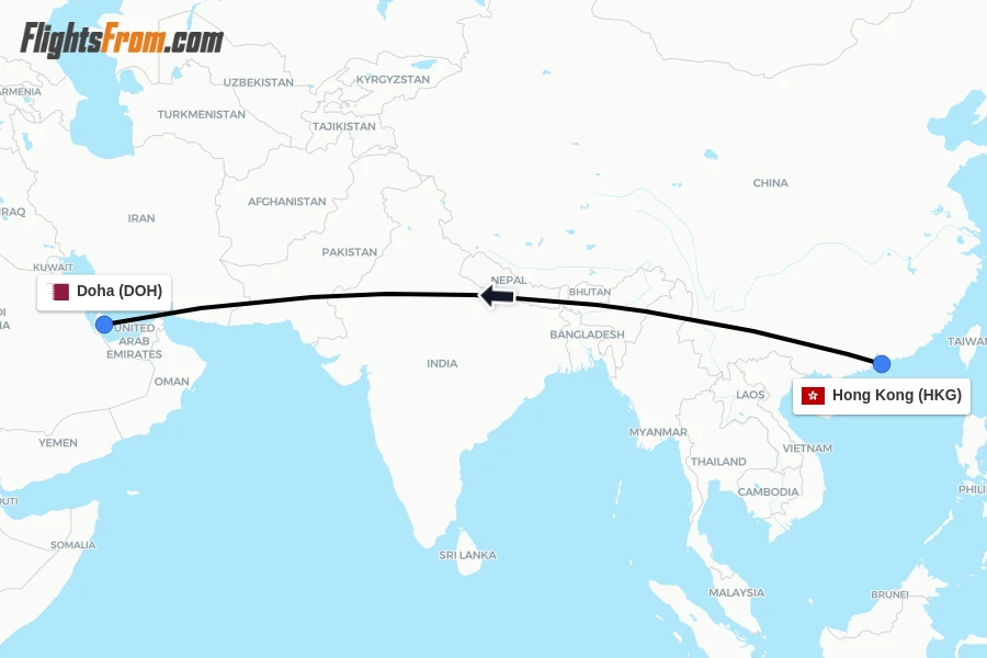 Flights from Hong Kong to Doha route map