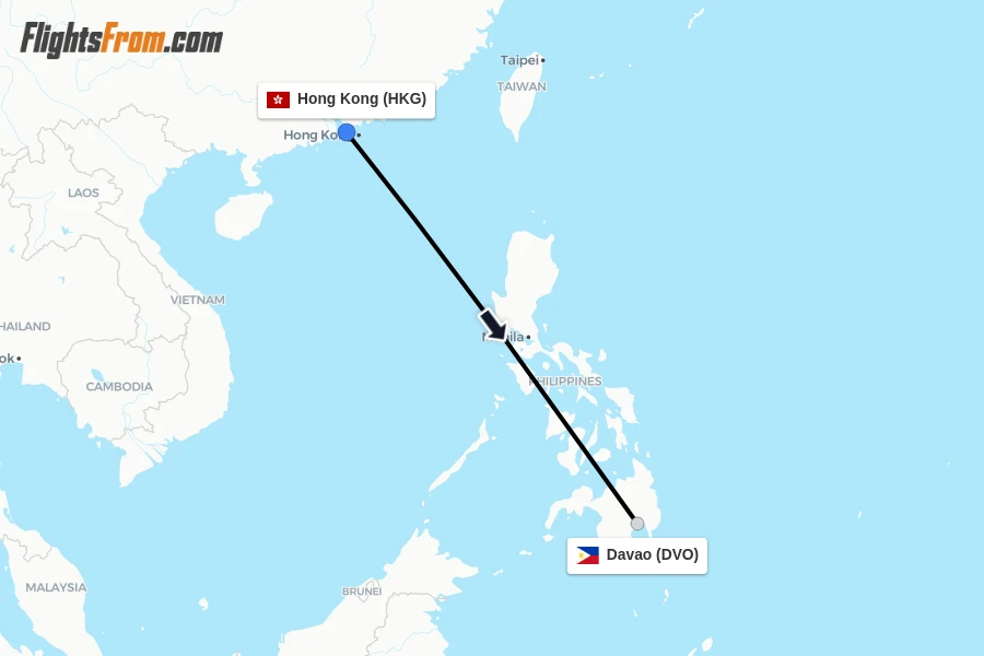 Flights from Hong Kong to Davao route map
