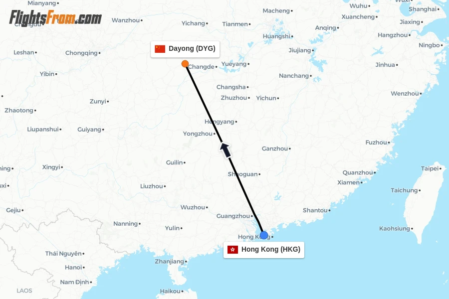 Flights from Hong Kong to Dayong route map