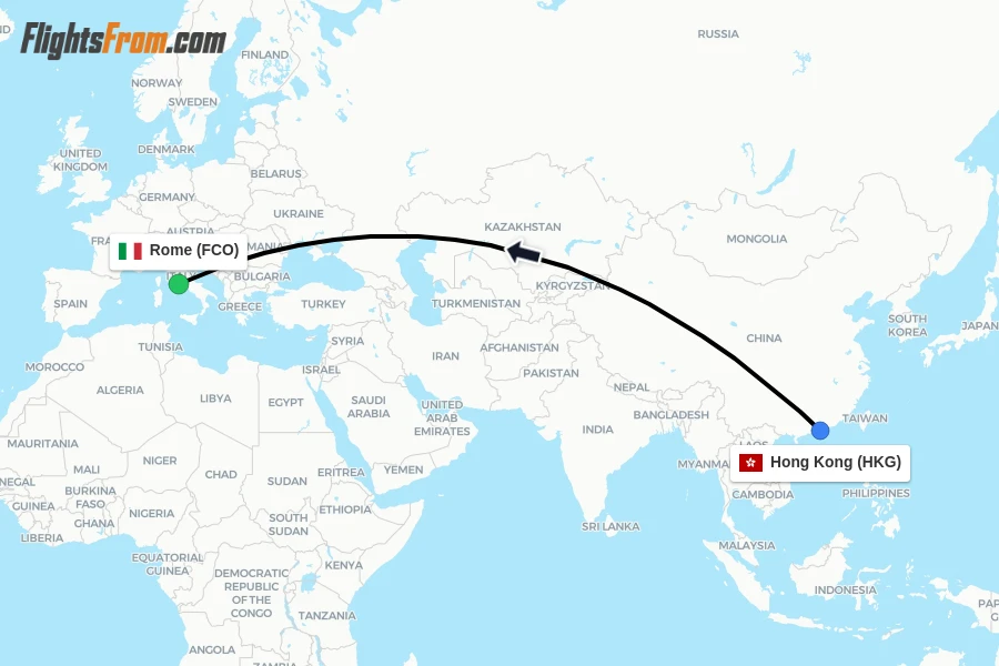 Flights from Hong Kong to Rome route map