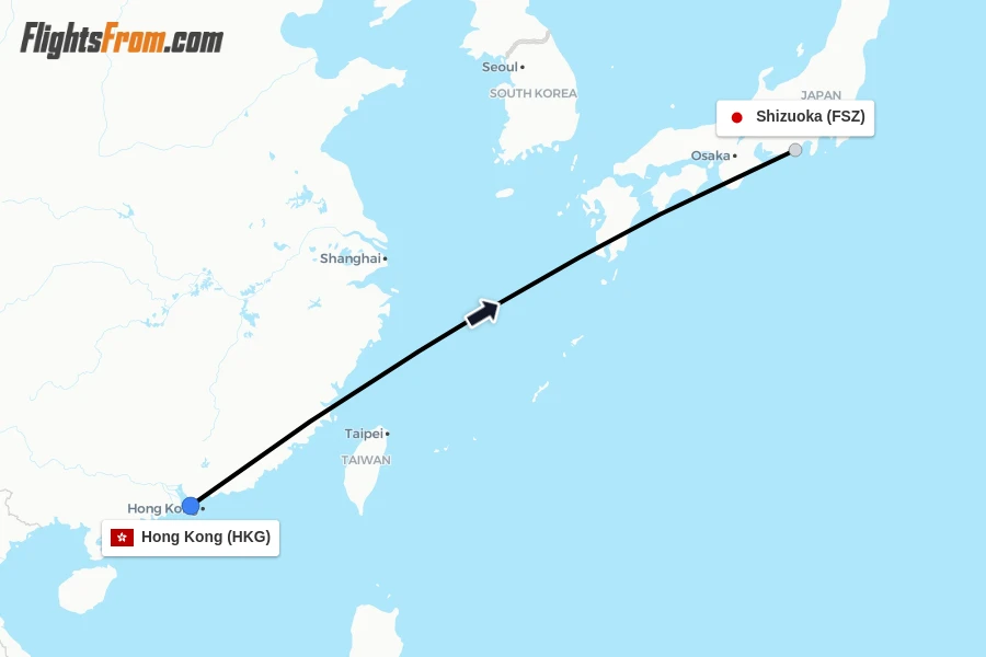 Flights from Hong Kong to Shizuoka route map