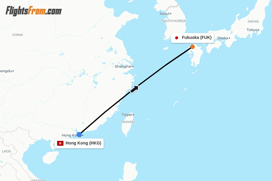 Flights from Hong Kong to Fukuoka route map