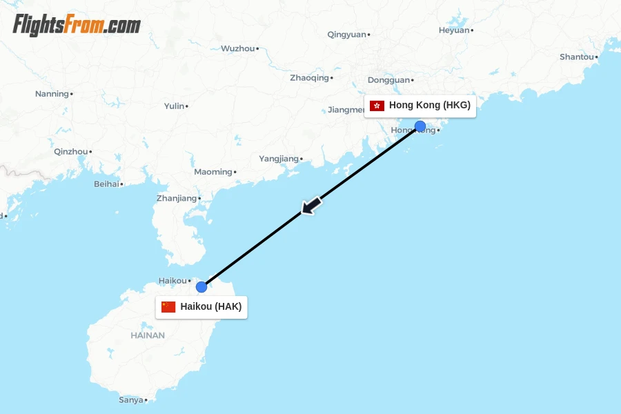 Flights from Hong Kong to Haikou route map