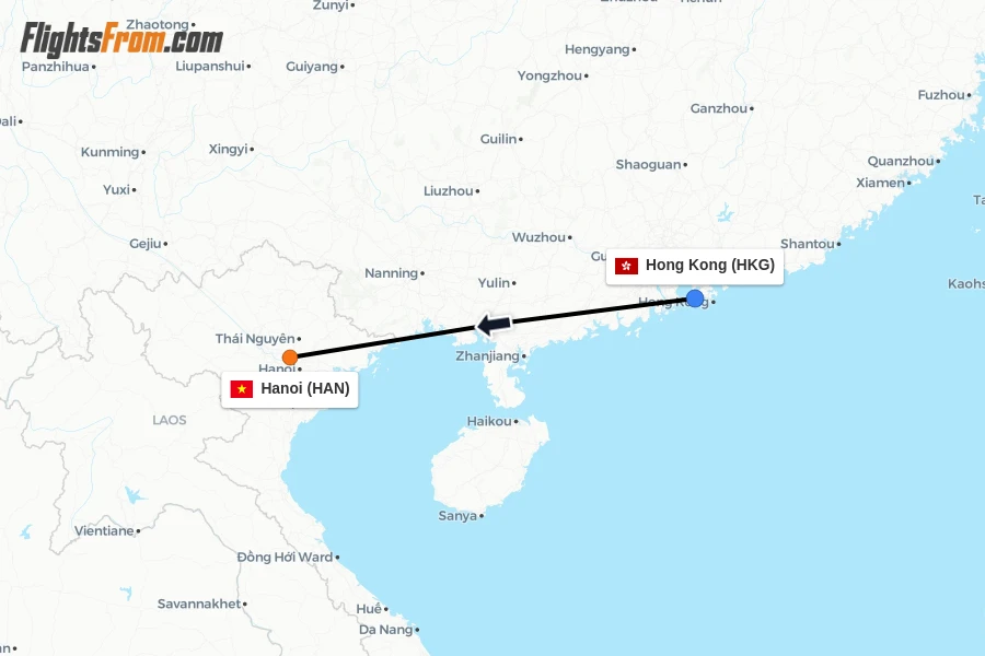Flights from Hong Kong to Hanoi route map