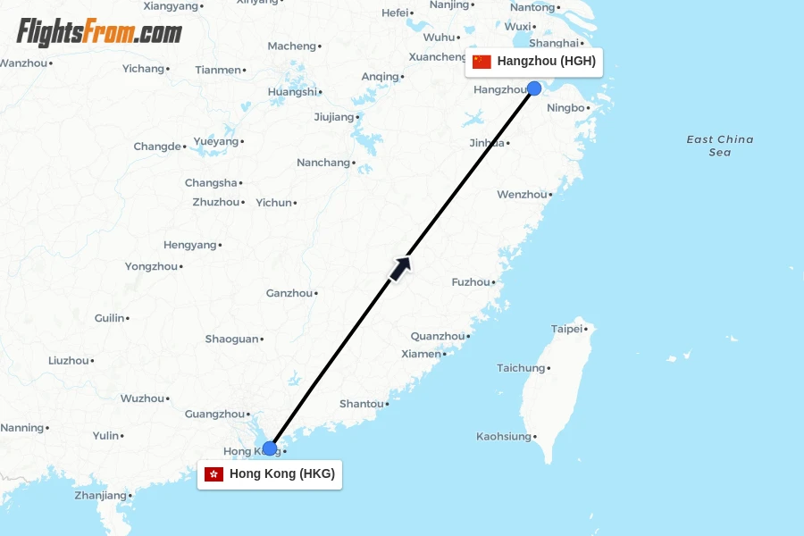 Flights from Hong Kong to Hangzhou route map