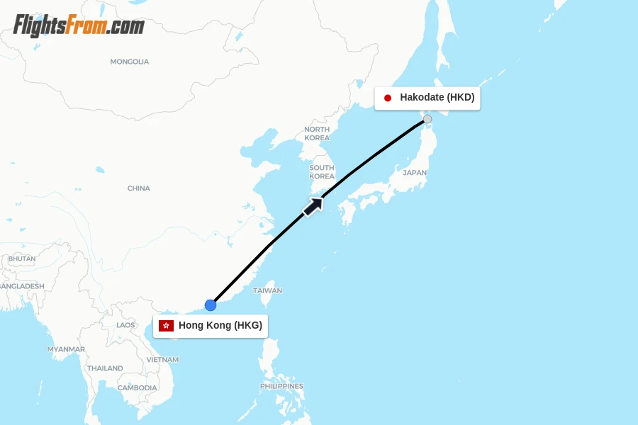 Flights from Hong Kong to Hakodate route map