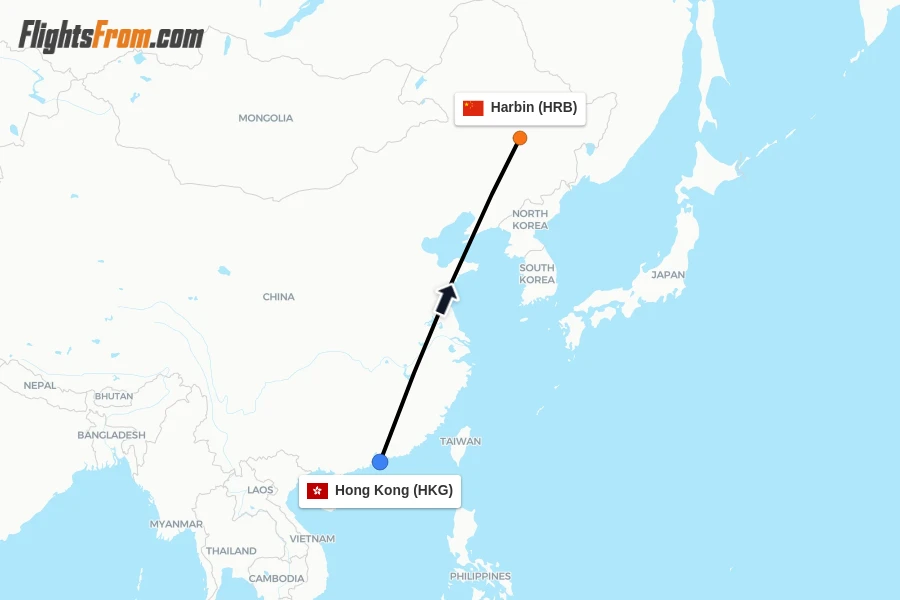 Flights from Hong Kong to Harbin route map