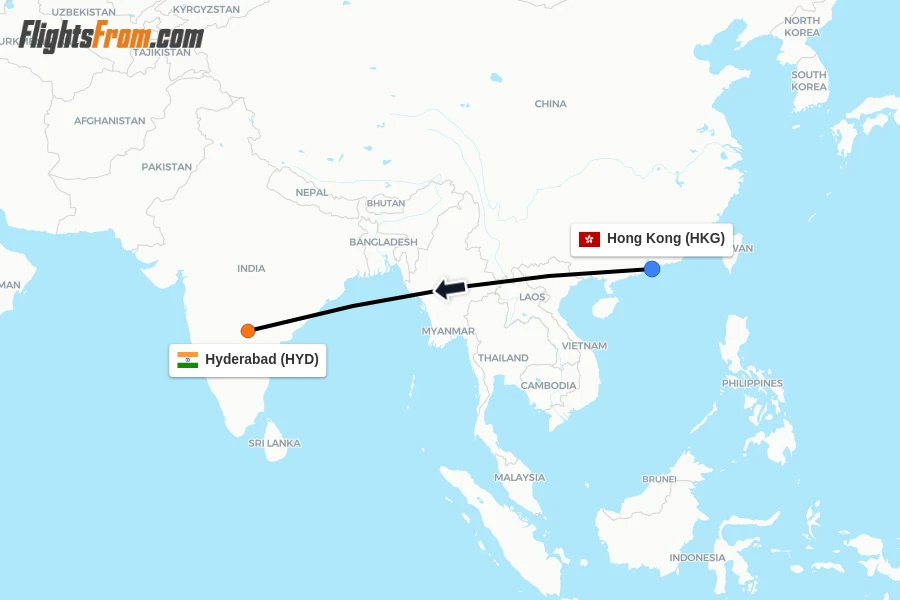 Flights from Hong Kong to Hyderabad route map
