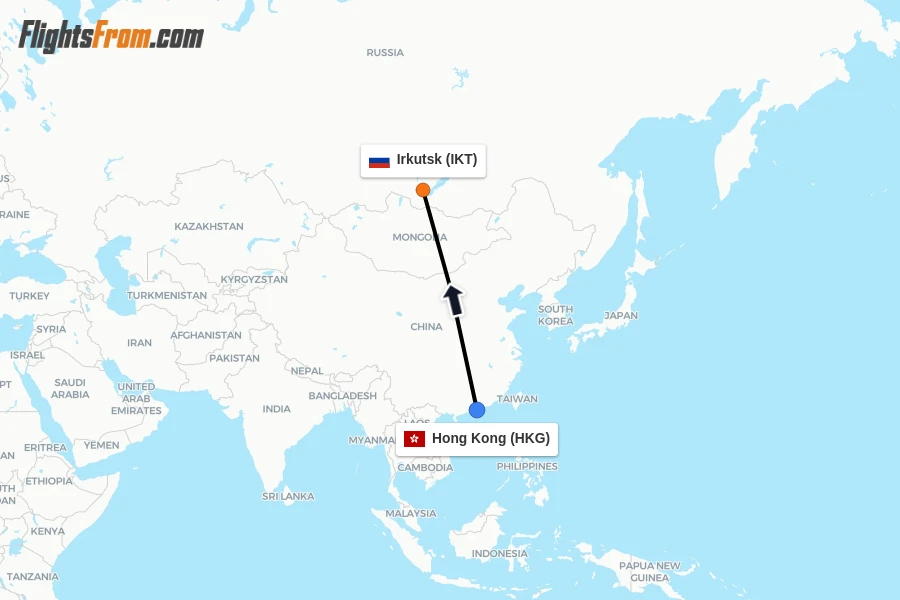 Flights from Hong Kong to Irkutsk route map