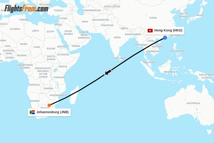 Flights from Hong Kong to Johannesburg route map