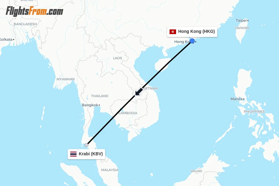 Flights from Hong Kong to Krabi route map