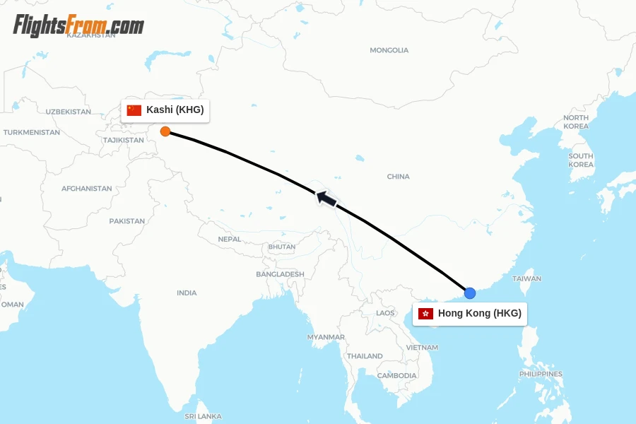 Flights from Hong Kong to Kashi route map