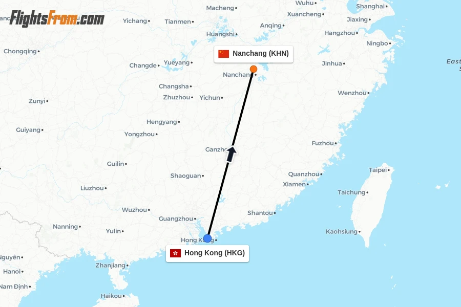 Flights from Hong Kong to Nanchang route map