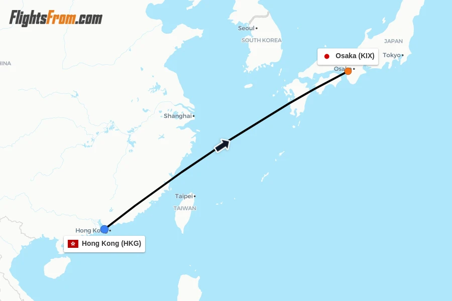 Flights from Hong Kong to Osaka route map