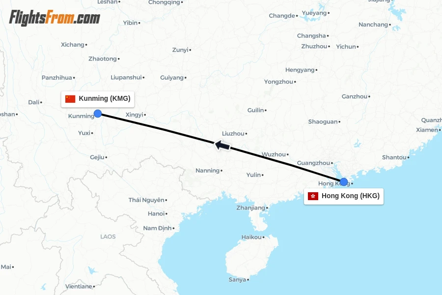 Flights from Hong Kong to Kunming route map