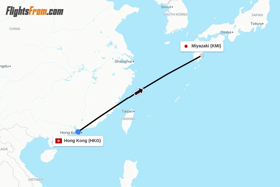 Flights from Hong Kong to Miyazaki route map