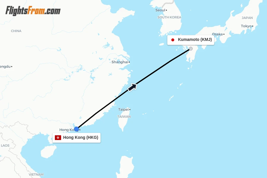 Flights from Hong Kong to Kumamoto route map