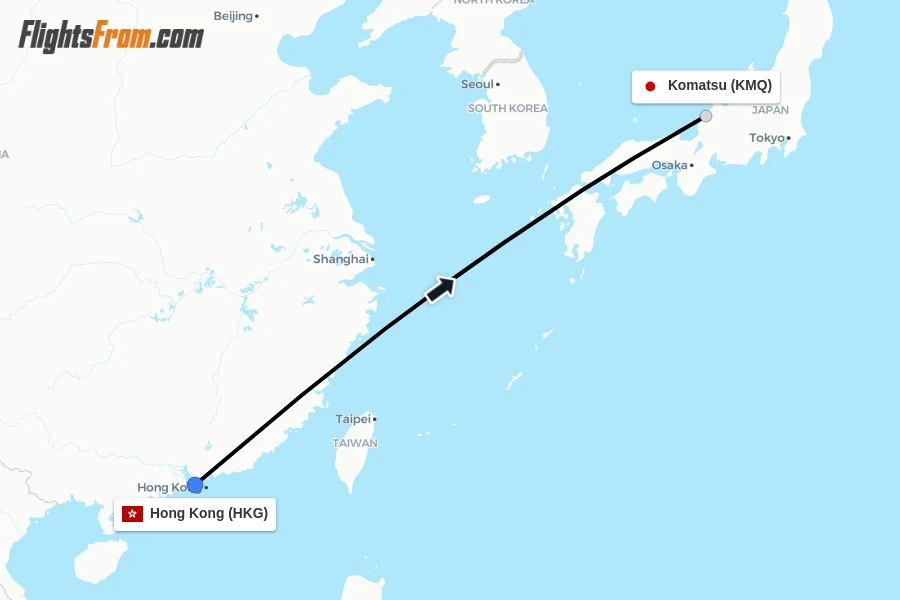 Flights from Hong Kong to Komatsu route map