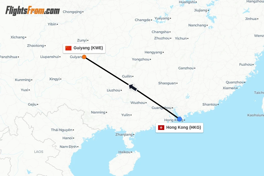 Flights from Hong Kong to Guiyang route map