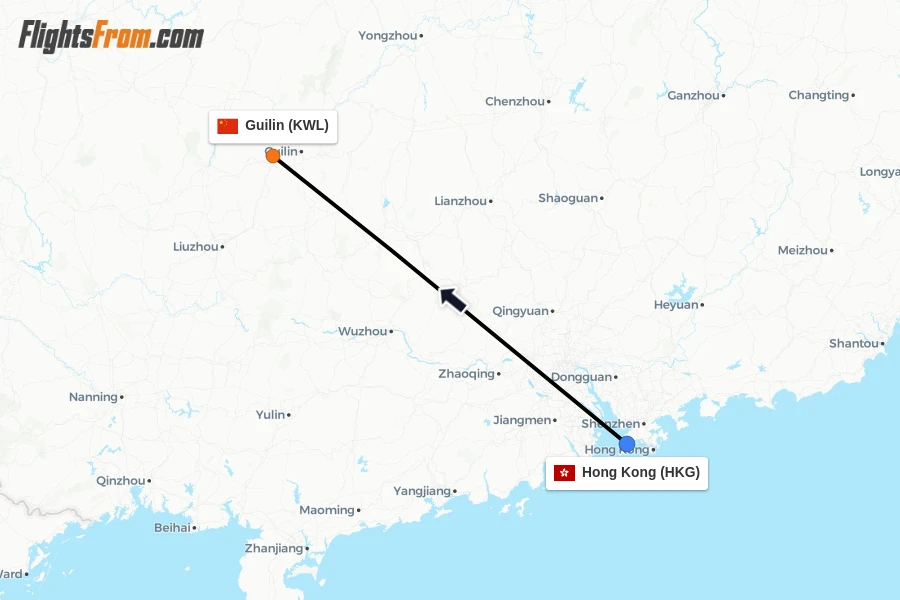 Flights from Hong Kong to Guilin route map