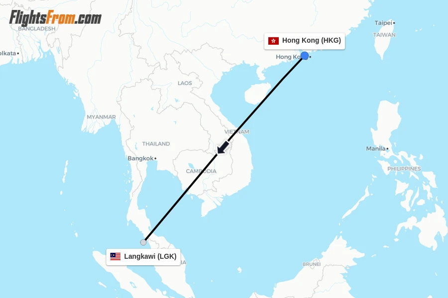 Flights from Hong Kong to Langkawi route map