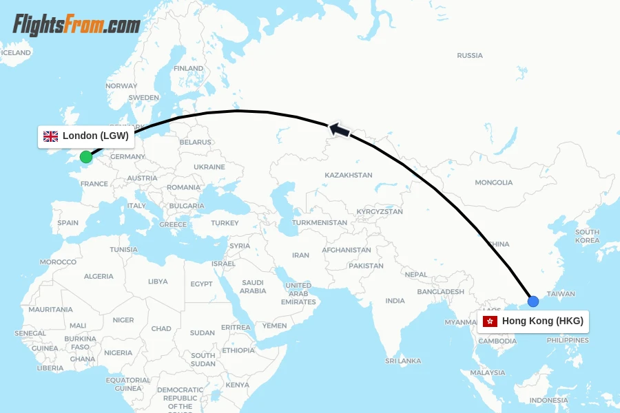 Flights from Hong Kong to London route map