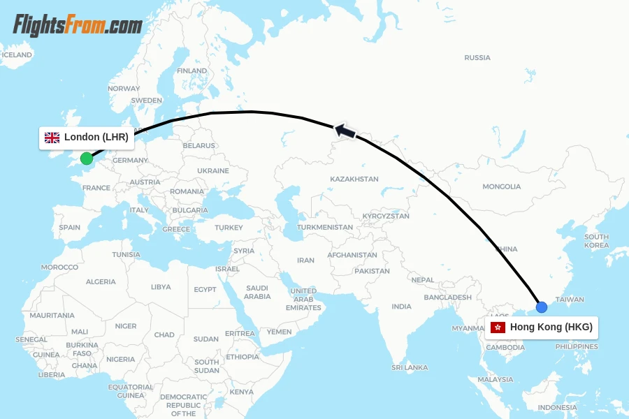 Flights from Hong Kong to London route map