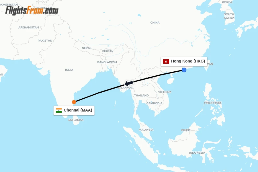 Flights from Hong Kong to Chennai route map