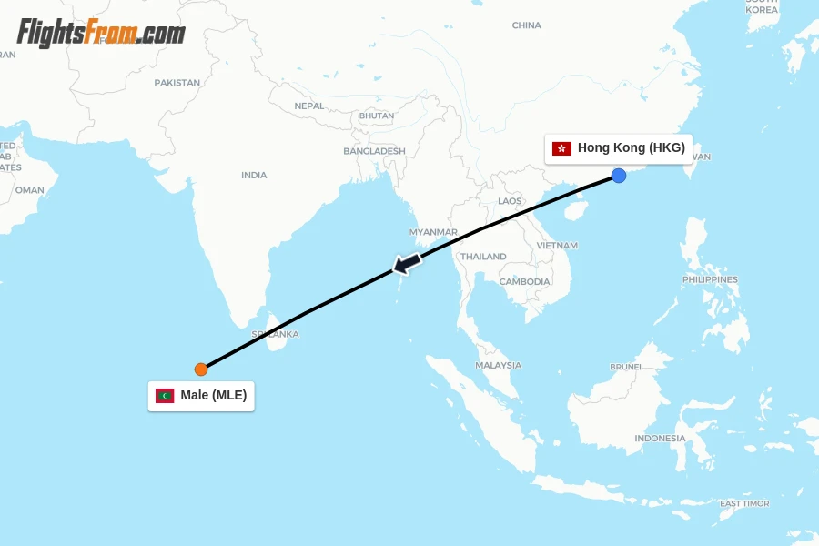 Flights from Hong Kong to Male route map