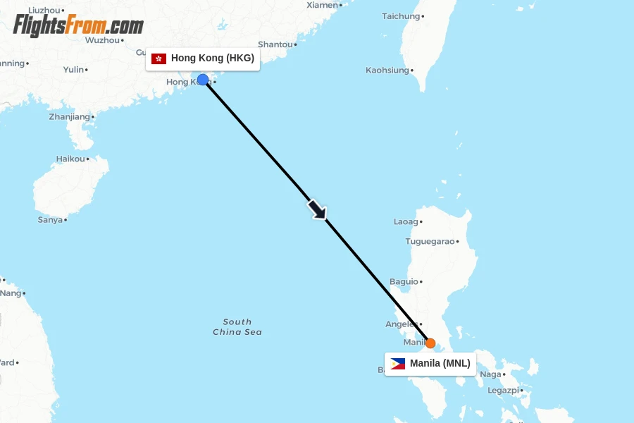 Flights from Hong Kong to Manila route map