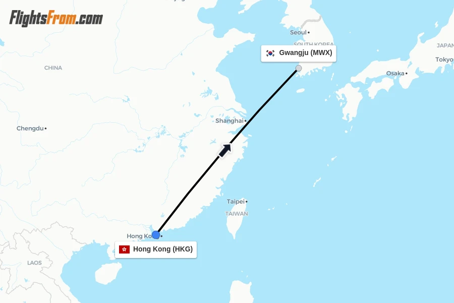 Flights from Hong Kong to Gwangju route map