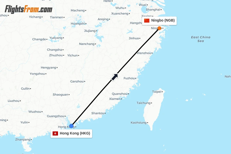 Flights from Hong Kong to Ningbo route map