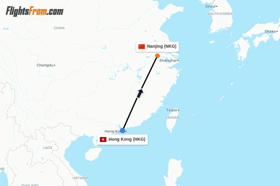 Flights from Hong Kong to Nanjing route map
