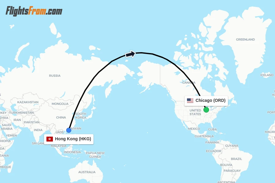 Flights from Hong Kong to Chicago route map