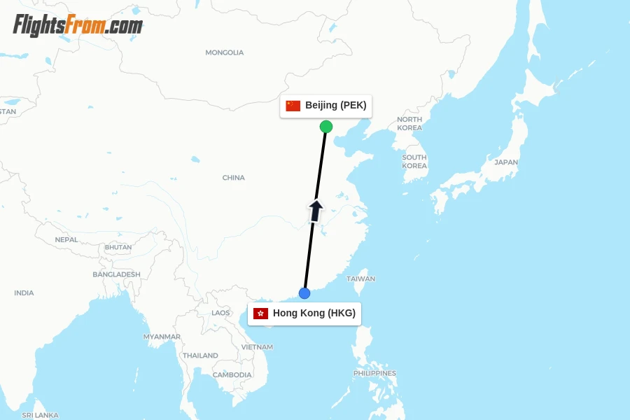 Flights from Hong Kong to Beijing route map