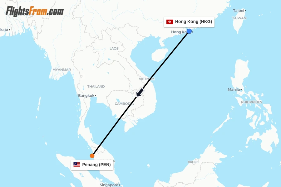 Flights from Hong Kong to Penang route map