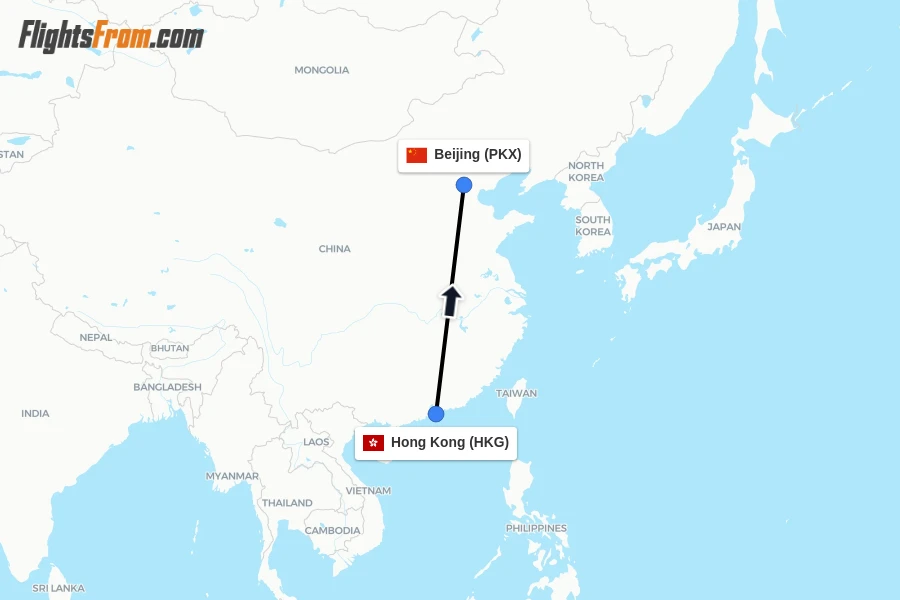 Flights from Hong Kong to Beijing route map