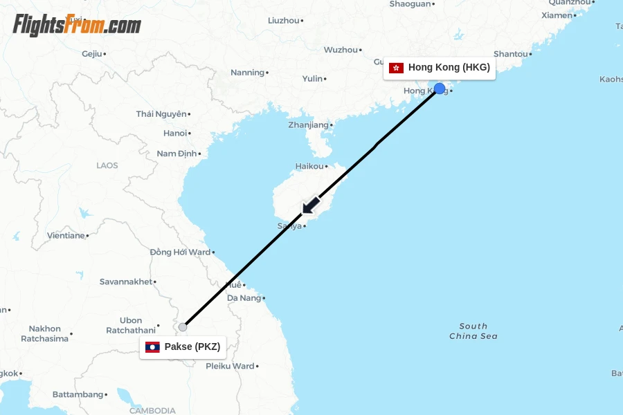 Flights from Hong Kong to Pakse route map