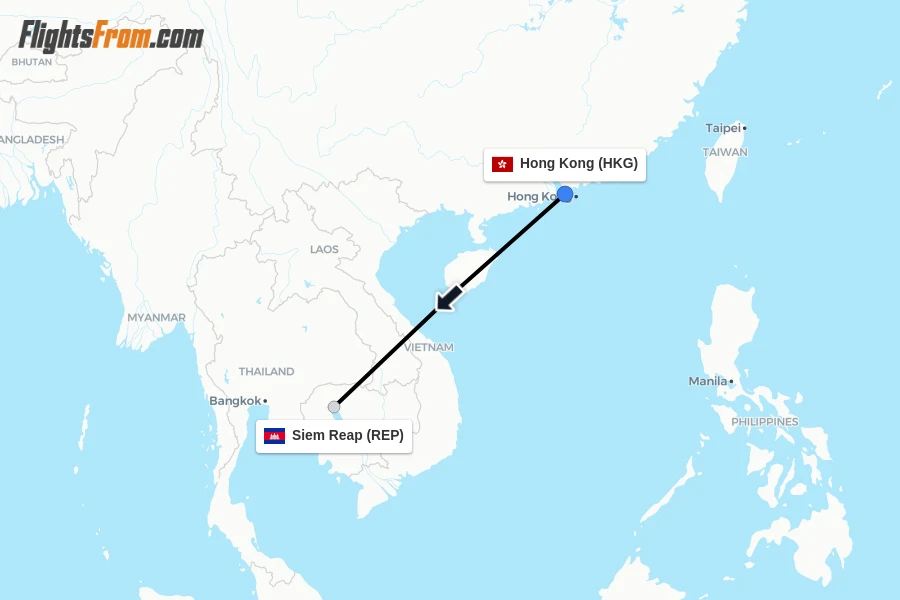Flights from Hong Kong to Siem Reap route map