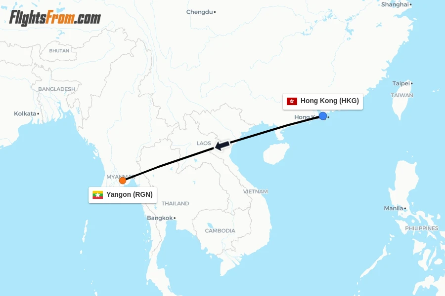 Flights from Hong Kong to Yangon route map