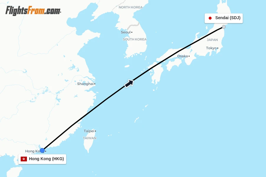 Flights from Hong Kong to Sendai route map