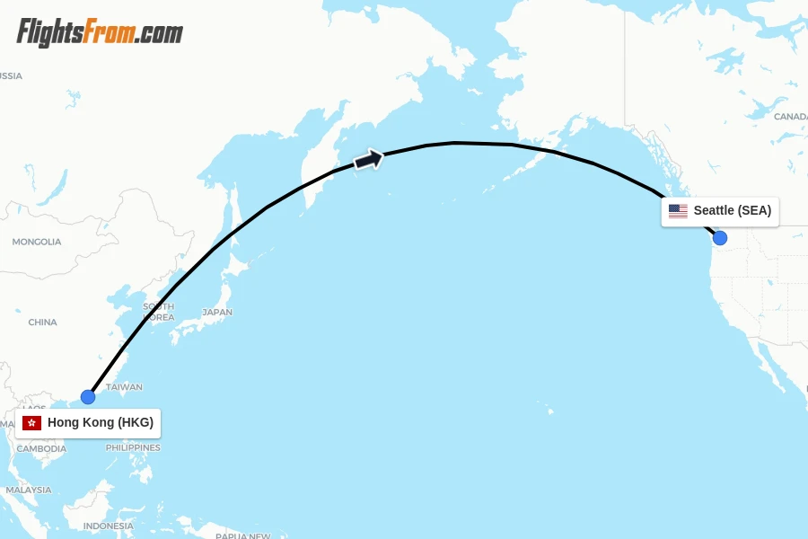Flights from Hong Kong to Seattle route map