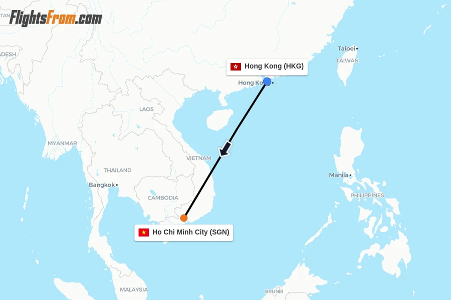 Flights from Hong Kong to Ho Chi Minh City route map