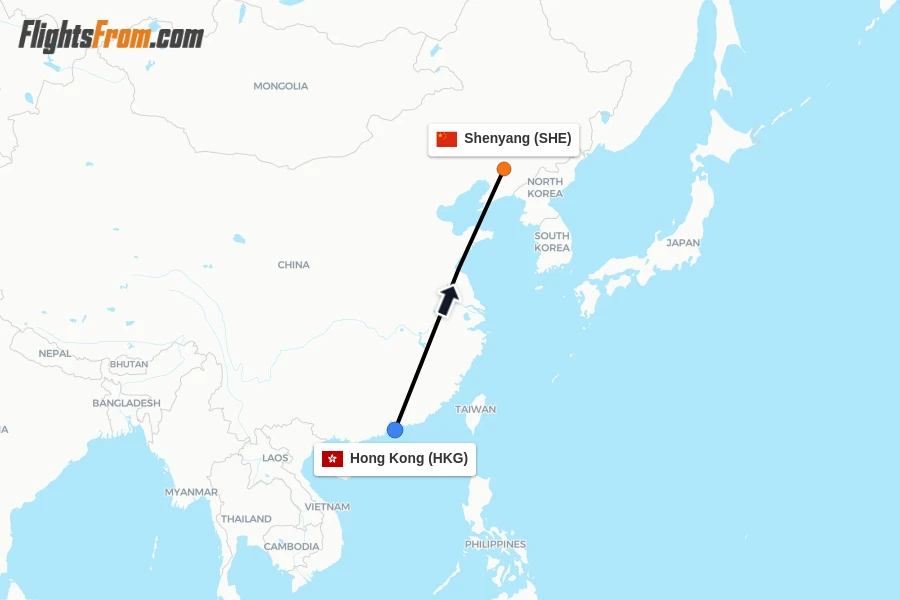 Flights from Hong Kong to Shenyang route map