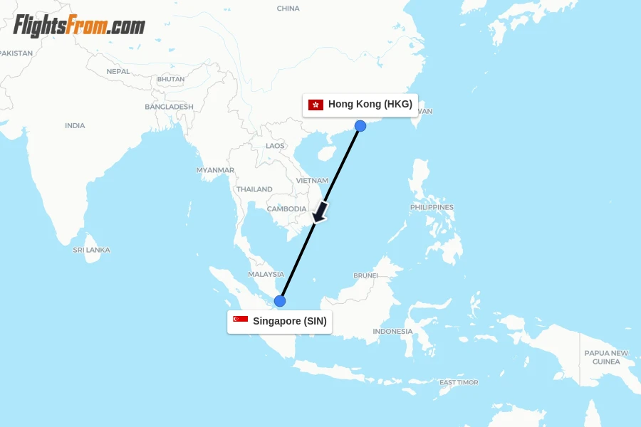 Flights from Hong Kong to Singapore route map
