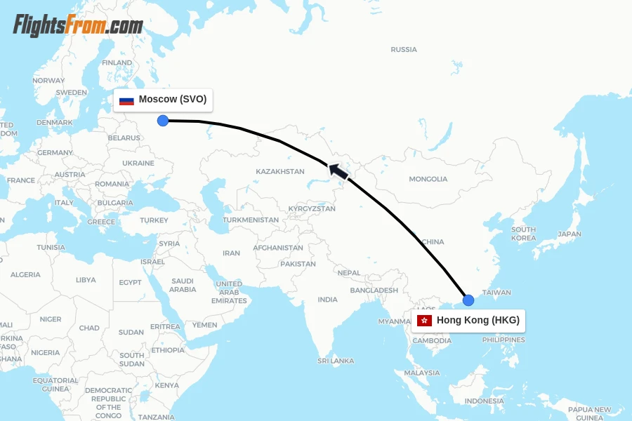 Flights from Hong Kong to Moscow route map