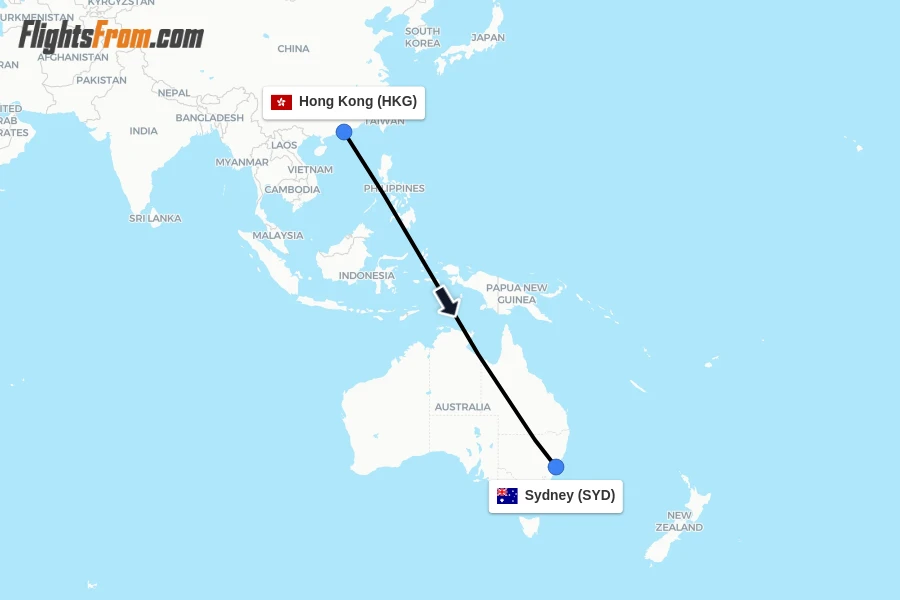 Flights from Hong Kong to Sydney route map