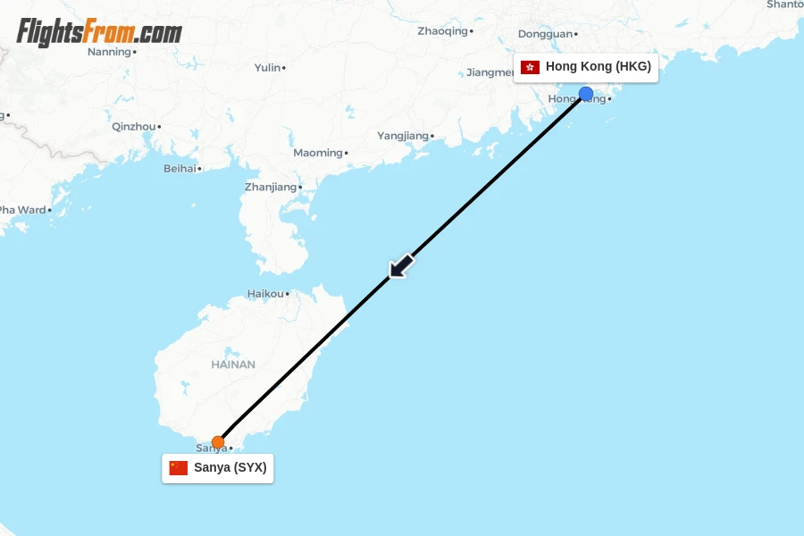Flights from Hong Kong to Sanya route map