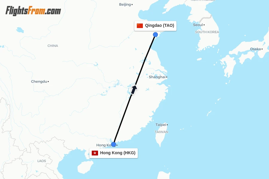 Flights from Hong Kong to Qingdao route map