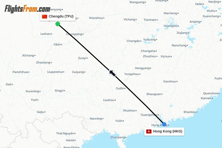 Flights from Hong Kong to Chengdu route map